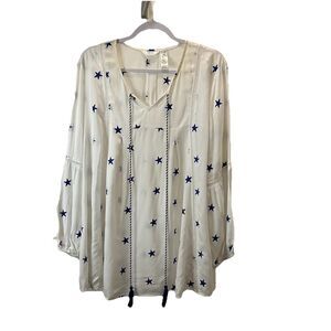Kaktus White Blue Star Embroidered Tassels Popover Peasant Top Nautical Womens L
